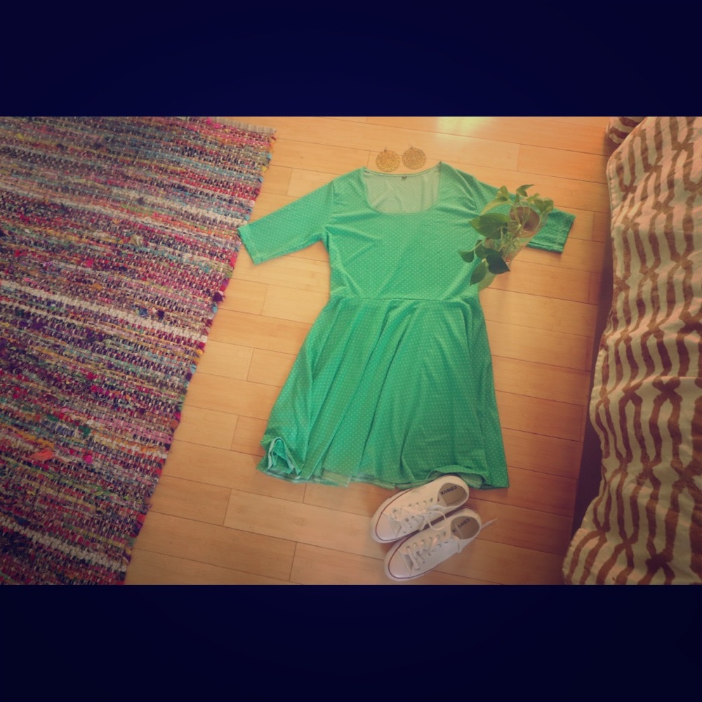 CURVE Green Skater Dress with White Polkadots